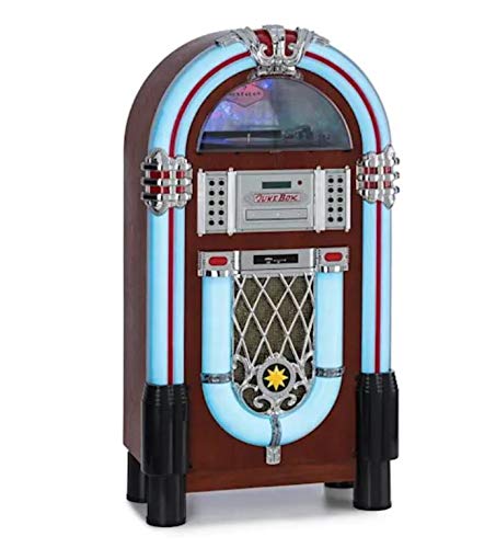 auna Graceland DAB Jukebox - Bluetooth Function, CD Player, Turntable, DAB + / FM Radio Tuner, SRC LED Lighting System, USB Port, SD Slot, AUX Input, Nostalgic Jukebox in Oak Wood Design Cabinet