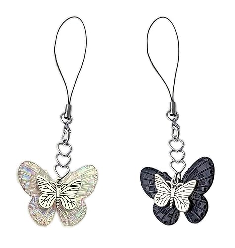 Duo tone lucky cute butterfly phone keychain metal pendant necklace bracelet women girls travel aesthetic hanging ear buds Usb camera holder black white body charms handy lanyard backpack-image-4