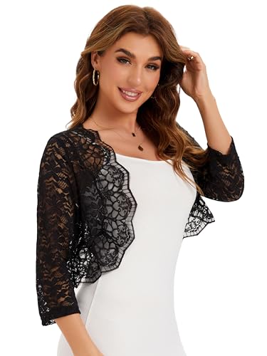 BENANCY Women's Elegant 3/4 Sleeve Sheer Floral Lace Shrug Cardigan4