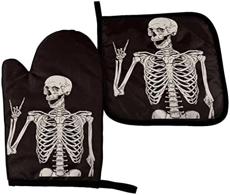 SCIXITI Skeleton Skull Boho Hippie Oven Mitts Heat-Resistant Cooking Gloves Non-Slip Insulated Kitchen Mitts & Pot Holders for BBQ,Baking,Cooking and Grilling