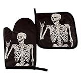 SCIXITI Skeleton Skull Boho Hippie Oven Mitts Heat-Resistant Cooking Gloves Non-Slip Insulated Kitch