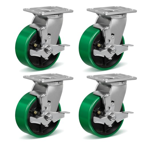 HANDSAMMU 5 Inch Caster Wheels Heavy Duty, Polyurethane on Steel Wheel, Set of 4 Industrial Casters Load 4000lbs, Plate Caster for Carts, Pallet Trucks, Industrial Equipment(4 Pack Brake)