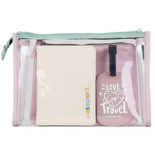 Set de voyage rose anti-stress avec pochette passeport et étiquette bagage