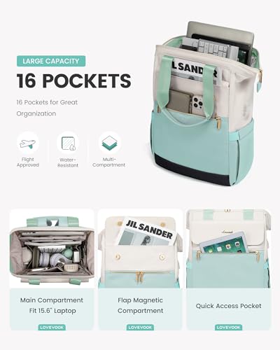 Image of LOVEVOOK Laptop Backpack for Women, 15.6 Inch Work Laptop Bag with USB Port, Fashion Teacher Nurse Backpack Purse, Waterproof Travel Computer Backpack with Organizer Bag, 2PCS, Beige-Mint Green