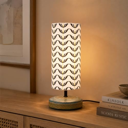 Image of Amazon Basics Tarang Wavy Table Lamp | Hand-Painted Mango Wood Base with Printed Polyester Shade | E14 Holder | Decorative Night Lamp for Bedroom, Living Room & Study Room | Home Decor Gift