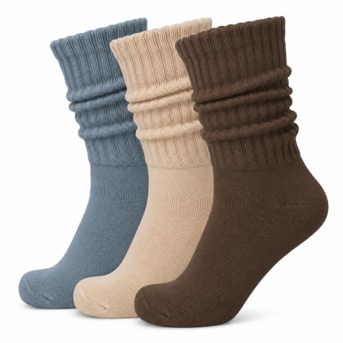 Image of 3 Pairs Slouch Socks for Women & Men, Ribbed Scrunch Crew Socks | 3-pair cotton-rich ribbed slouch socks for women and men, thick scrunch crew socks for boots, sneakers and lounging.