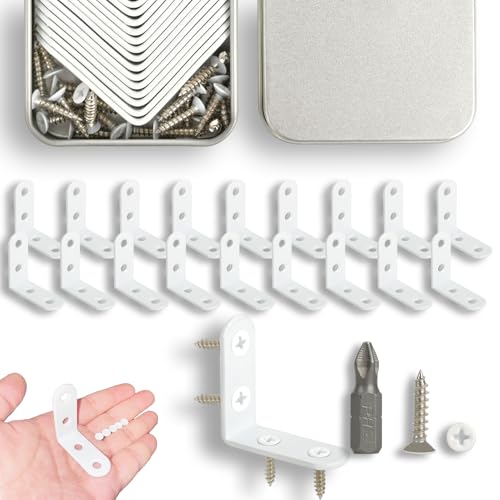 Oufiin 18Pcs White L Bracket & 72 Pcs Screws, 1.57x1.57 Inch Corner Brace, Small Right Angle Bracket, Shelf Bracket, Corner Fastener for Wood Furniture Bedframe Cabinet Drawer Chair
