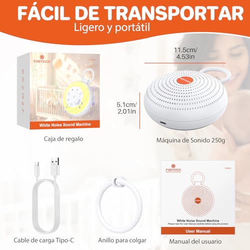 Miniatura 7 de Funykich Máquina De Ruido Blanco Portátil Con 24 Sonidos Máquina De Domir Para Bebé Con Función De Memoria Y Grabación Luz Nocturna Y Luz Coloridos Ajustable Batería Recargable Para Bebé Niño O Adulto