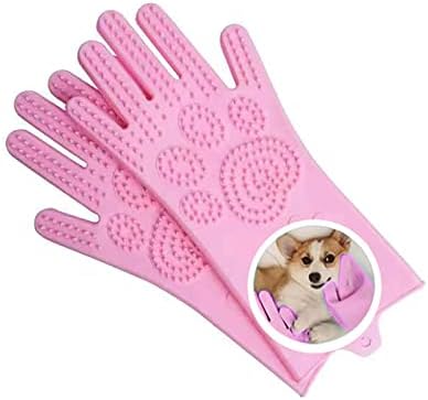 Healthman Pet Grooming Gloves - Silicone Hair Removal Gloves, Bathing and Massaging for Cats, Dogs & Horses Paw Print Pattern (Pink)