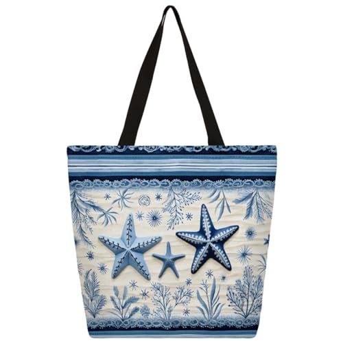 Bolsa de lona con diseño de estrella de mar, algas marinas, borde a rayas, bolsa de compras para la escuela, bolsas de hombro de lona para mujeres y hombres