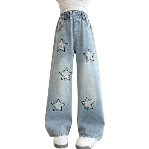 Girl's Kids Cute Star Baggy Jeans Straight Leg Loose Jeans Elastic Waist Pull On Denim Pants for Teens 6-14 Years