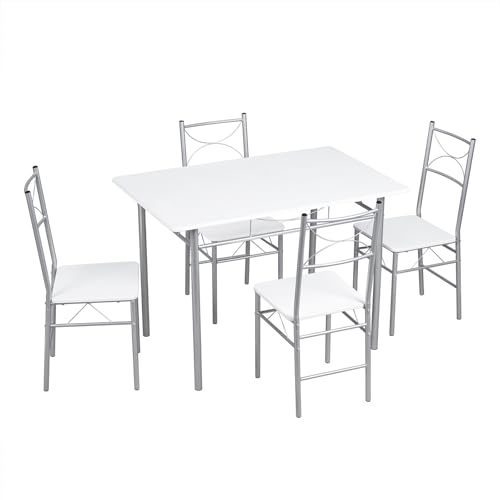 WOLTU Esstisch Set mit 4 Stühlen, Essgruppe für 4 Personen, Sitzgruppe Küche Esszimmer, Küchentisch Tisch mit Metallgestell, weiß silbern