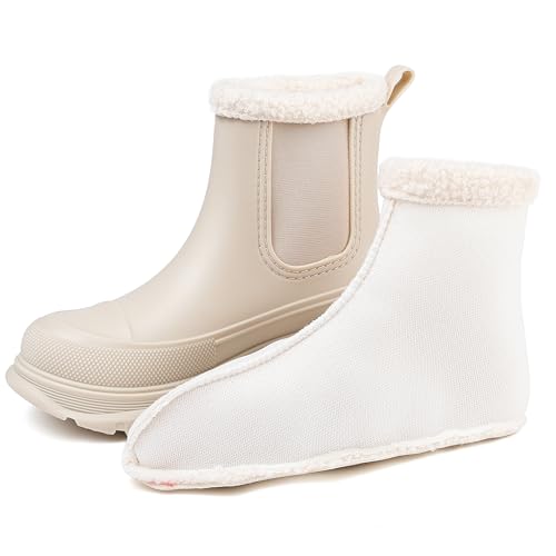 EYUSHIJIA Women\'s Short Rain Boots Waterproof Slip On Ankle Chelsea Booties (9 B(M), Beige-E-Liners)