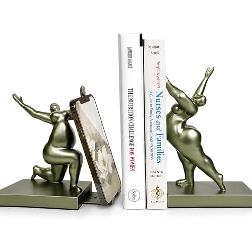 Sculptural Bookends Set of 2, Decorative Modern Bookends with Adjustable Phone & Tablet Holder, Artistic Resin Book Ends for Shelves, Heavy Duty Home & Office Decor – Metallic Sage