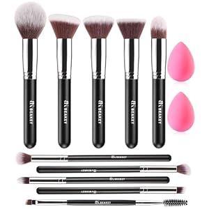 BEAKEY TAP PAW Makeup Brushes, Glam Blend, Eyeshadow Brush Set, Effective Application Make up Brushes – 12Pcs Makeup Brush Set, Foundation Brush with 2Pcs Blender Sponge (Black/Silver)
