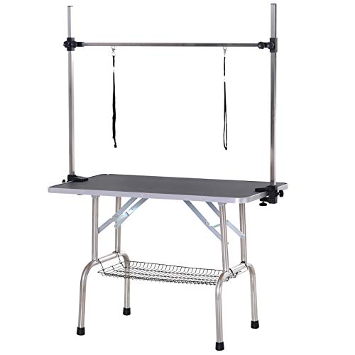 Pawhut Trimmtisch Tierpflegetisch Schertisch Pflegetisch mit Unterkorb für Hunde höhenverstellbar klappbar Edelstahl Metall Schwarz 107 x 60 x 170 cm