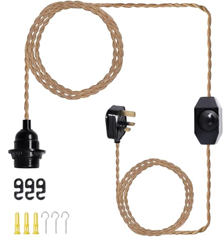 Image of 15FT Vintage Plug in Pendant Light Cord Hanging Light Dimmer Switch Kit DIY with Twisted Nylon Rope, Industrial Ceiling Pendant Lighting E26 E27 Socket for Farmhouse Kitchen Cable
