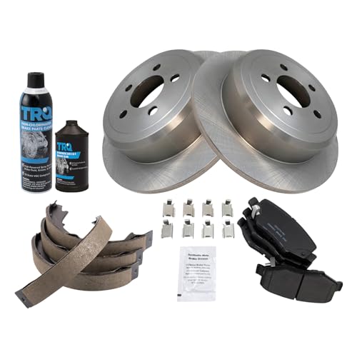 Image of TRQ Rear Brake Pad & Rotor Kit, with Chemical Kit Parking Brake Shoe Set Ceramic Compatible with 2007-2011 Dodge Nitro 2008-2012 Jeep Liberty