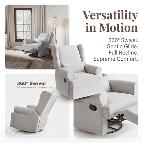 Image of Swivel Rocking Recliner Chair, Manual Lazy Boy Recliner with Footrest & Lumbar Pillow, Upholstered Glider Rocking Chair for Adults Relax, Living Room, Bedroom, Napping, Light Gray