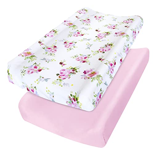 Changing Pad Cover for Girls 2 Pack, Lovely Print Soft Diaper Change Table Sheets, Fit 32″x16″ Contoured Pad, Comfy Cozy 2-Pack Cradle Sheets,Floral