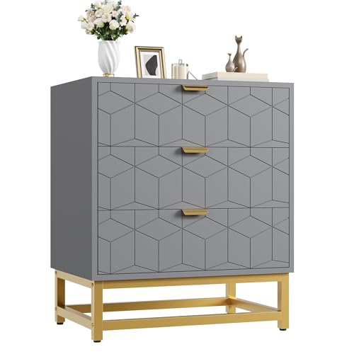 IDEALHOUSE Grey Dresser for Bedroom, 3 Drawer Dresser with Metal
