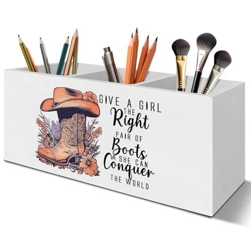 LIANGEAGOM Retro Western Cowgirl Inspirational Pen Pencil Holder Organizer for Desk Accessories, Give a Girl the Right Motivational Wooden Box Signs Decorations for Girls Bedroom Office Desk Tabletop