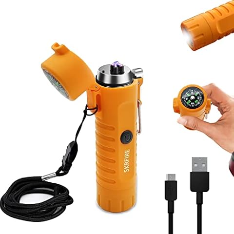 SKRFIRE Waterproof Windproof Outdoor Lighter USB Rechargeable Double Arc Plasma Electric Lighter with Flashlight Compass for Lighting, Camping, Survival, Tactical (Orange) Cover