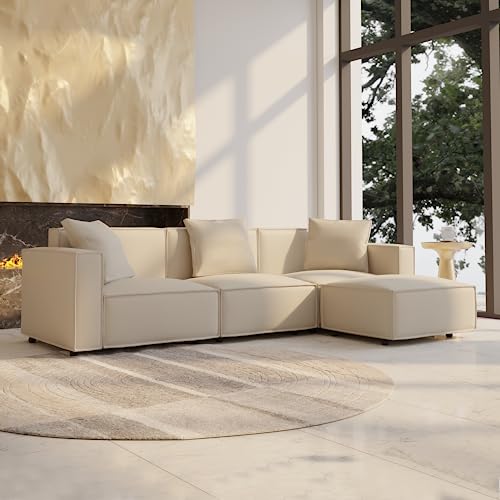 Acanva Luxury Modular Sectional Living Room Sofa Set, Modern Minimalist Style Couch with Ottoman and Chaise, L-Shape, Cream - Thumbnail 4