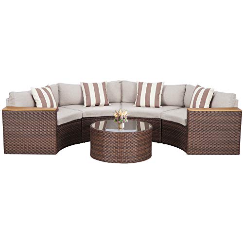 Suncrown Outdoor 5-Piece Half-Moon Sectional Sofa Furniture Sets - Brown Wicker Patio Curved Conversation Set With Round Coffee Table And Cushions - Beige #TOP1