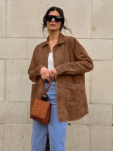 VOIKERDR Faux Suede Shackets for Women Long Sleeve Button Up Shirt Women with Pockets Spring Outfits for Women 20253
