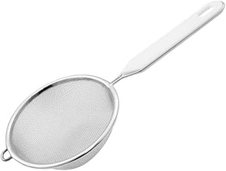 Fackelmann Sieb Ø 10 cm, Küchensieb aus Edelstahl, feinmaschiger Seiher mit Griffeinlage aus Kunststoff (Farbe: Weiß/Silbe...