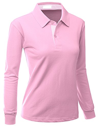 Xpril Womens Casual Basic Sporty Long Sleeve Polo Collar T-Shirt LIGHTPINK Size M