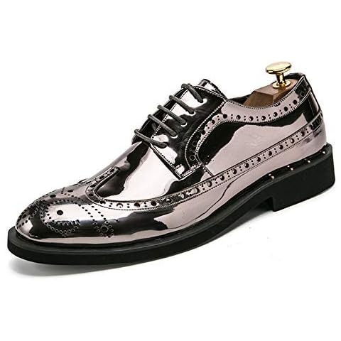 HuitJours Oxfords Dress Formal Shoes for Men Patent Wing Tips Longwing Brogues Punched 5-Eye Lace Up Round Toe Block Heel Synthetic Leather (10,Sliver) Cover