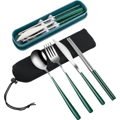 VANRA 4 Stück tragbares Reisebesteck mit Aufbewahrungskoffer, Edelstahlbesteck wiederverwendbares Besteck Set mit Gabel, Löffel, Messer,...