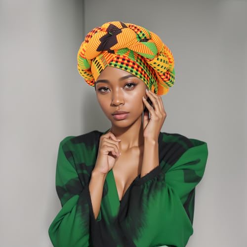 XEPST African Turban Head Wraps Big Braid Cross Turban Hat for Women, Printed Head Wrap Pre-Tied Stretchy Soft Fashion Headwear for Women, Yellow