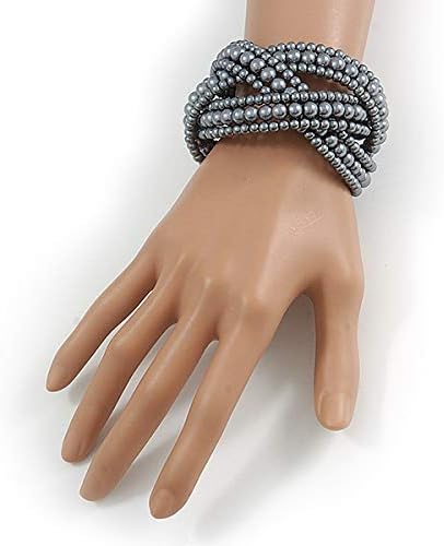 Avalaya Wide Grey Glass Bead Plaited Flex Cuff Bracelet - Adjustable - Image 3