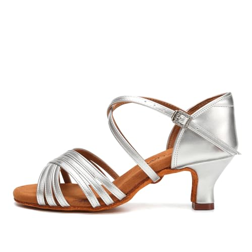 SWDZM Latein Tanzschuhe für Damen Professionelle Tanzschuhe Ballsaal Party Salsa Tanzübung Performance Schuhe,Silber,Ferse 5cm,Wildledersohle,42EU
