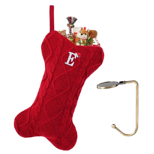VRFASHION Christmas Stockings with Initials, Letter E Pet Cat Dog Name Bone Shape Knitted Xmas Stockings, Christmas Party Fireplace Family Hanging Stocking Decorations(1 Pack, Red)