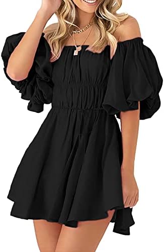 PRETTYGARDEN Women's Off The Shoulder Babydoll Dress Short Puff Sleeve Casual A Line Ruffle Summer Dresses (Solid Black,Small)