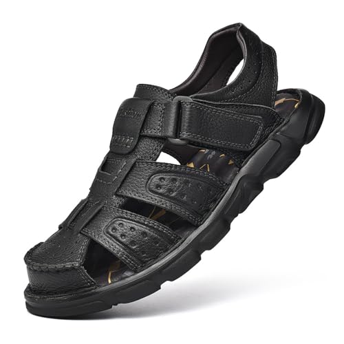 Men's Hollow Hand-Stitched Leather Flat Walking Sandals Comfortable Breathable Closed Toe Non-Slip Adjustable Hook-and-Loop Beach Sandals, Summer Fisherman Beach Shoes