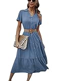 TYQQU Women's Vintage Deep V Neck Flowy Maxi Dress Long Flowy Swing Dress Waist Tie Button Up Pleated Beach Dress Blue S