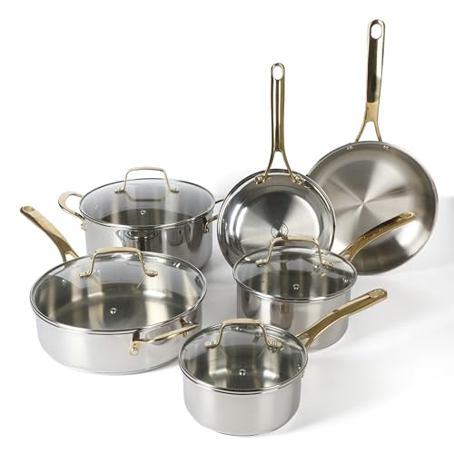 Comparison: Best Dishwasher Safe Stainless Steel Cookware 10 Martha Stewart Castelle 10 Piece 18/8 Durable Stainless Steel Induction Safe Pots and Pans Non-Toxic Kitchen Cookware Set - Gold Handles - Dishwasher Safe