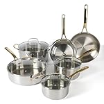 Martha Stewart Castelle 10 Piece 18/8 Durable Stainless Steel Induction Safe Pots and Pans Non-Toxic Kitchen Cookware Set - Gold Handles - Dishwasher Safe