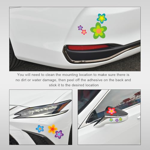 Image of KVAEY Flowers Car Stickers Set, Self Adhesive Daisy Flower Label Stickers for Car Body Mirror Window, Waterproof Hippie Stickers for Car Scooter Laptop Decoration, Car Accessories (Style F)