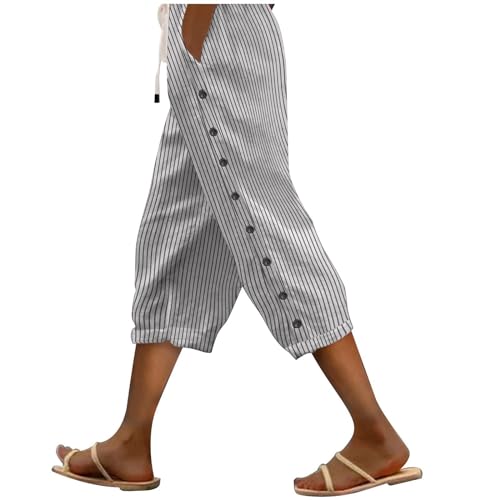Striped Linen Pants for Women 2025 Summer Casual Drawstring Capri Pants Beach Vacation Clothes with Pockets