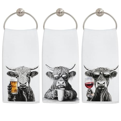 LADOCK Funny Highland Cow Kitchen Towels Set of 3, Funny Gifts for Wine Beer Coffee Lovers Dish Tea Towels for Kitchen Bar Cart Decor, Highland Cow Gifts Decorative Hand Towels, 16x24 Inch