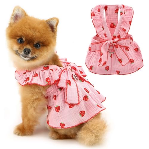 PAIDEFUL Dog Dress Clothes,Cute Strawberry Pet Dresses for Small Dog Girls Summer Puppy Strap Soft Breathable Doggie Vest Skirt with D-ring Bow Cat Princess Outfits Chihuahua Costume,Pink,XL