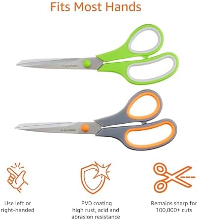 Amazon Basics Multipurpose Stainless Steel Scissors for Office, Crafts, Paper Cutting, Fabric Cutting, Right/Left Handed, Comfort Grip, PVD Coated, 2-Pack, Green and Grey - 3