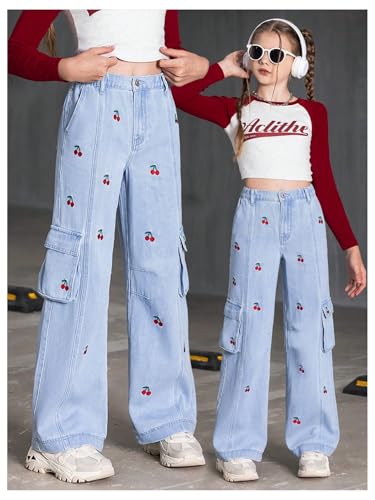 WDIRARA Girl's Cherry Print Cargo Jeans Elastic Waist Wide Leg Denim Pants with Flap Pockets3