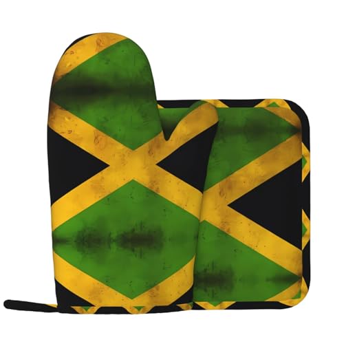 Juego de guantes y soportes para ollas de la bandera de Jamaica Antigua antideslizante y resistente a altas temperaturas, fácil de limpiar y colgar.